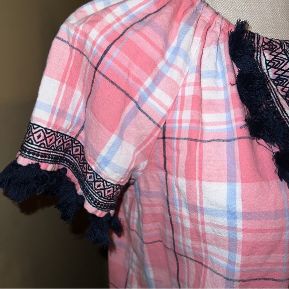 Crown & Ivy Pink Blue White Plaid Tassel Dress Short Sleeve Size 2 - Picture 9 of 10